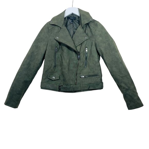Forever 21 Distressed Faux Leather Olive Moto Jacket With Belt size small - Picture 1 of 16